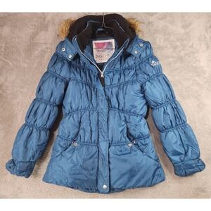 Big Chill Freestyle Coat Girls 14/16 Teal Quilted Puffer Hooded Faux Fur Winter